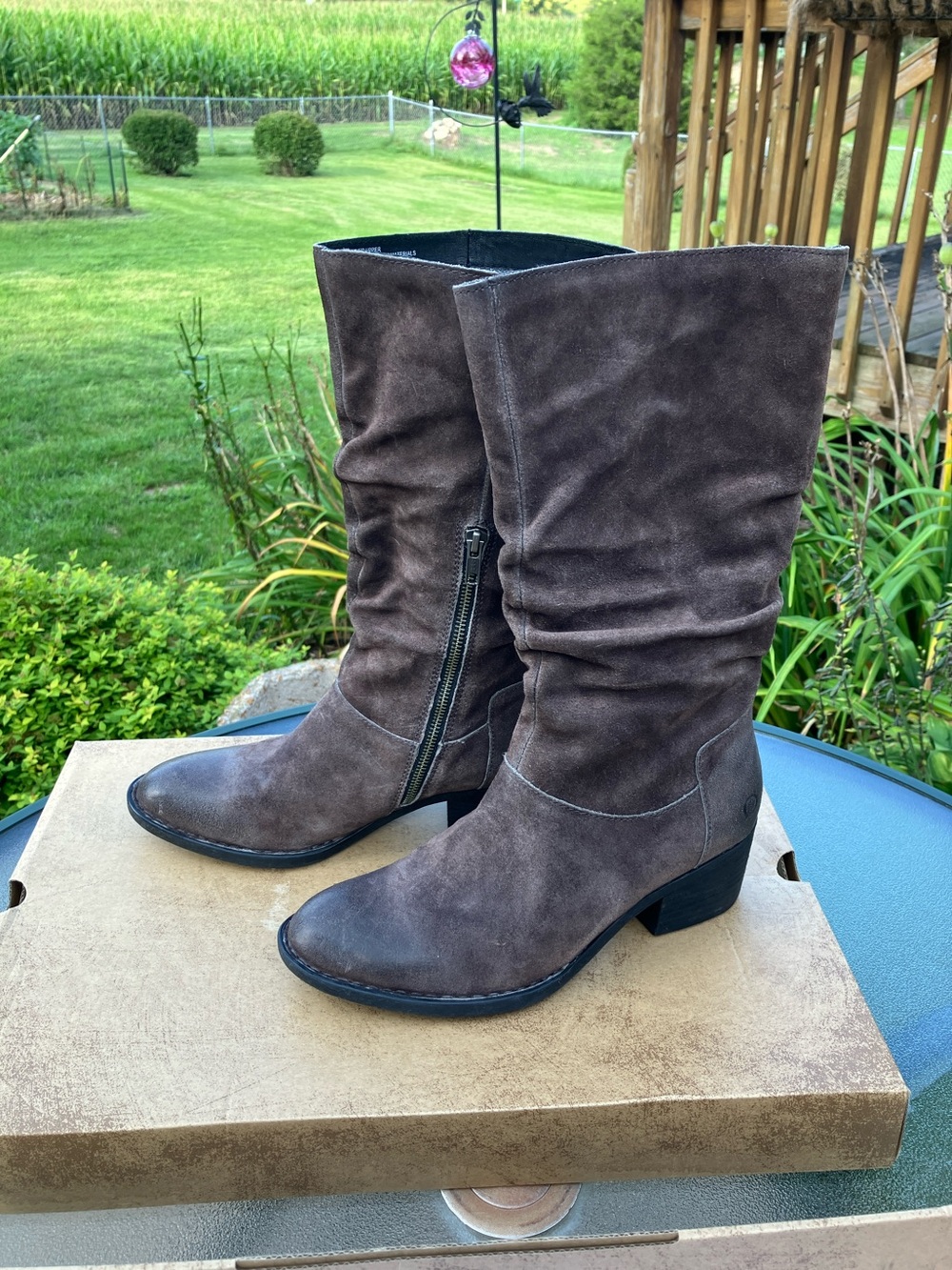Born Women's Grey Distressed Suede Mid-Calf Zip Heeled Boots - Picture 2 of 6